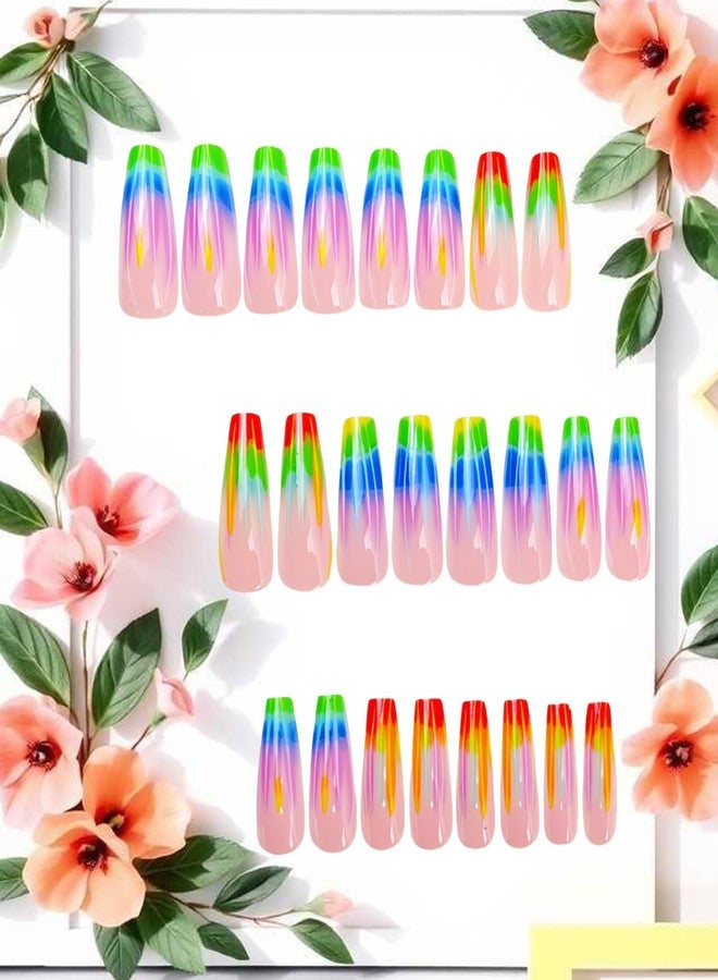 CJDLTS Colorful Stripes Smudge Press on Nails Medium Length Ballet Shaped Full Cover Glossy Nude Pink Acrylic False Nail Ballet Press Ons French Artificial Fingernails DIY Reusable Glue on Nails for Women - Image 2